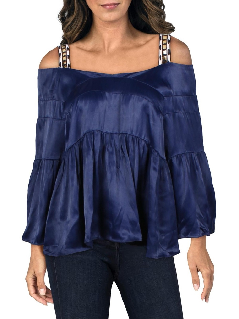 Boatneck Satin Cold-Shoulder Top in Navy